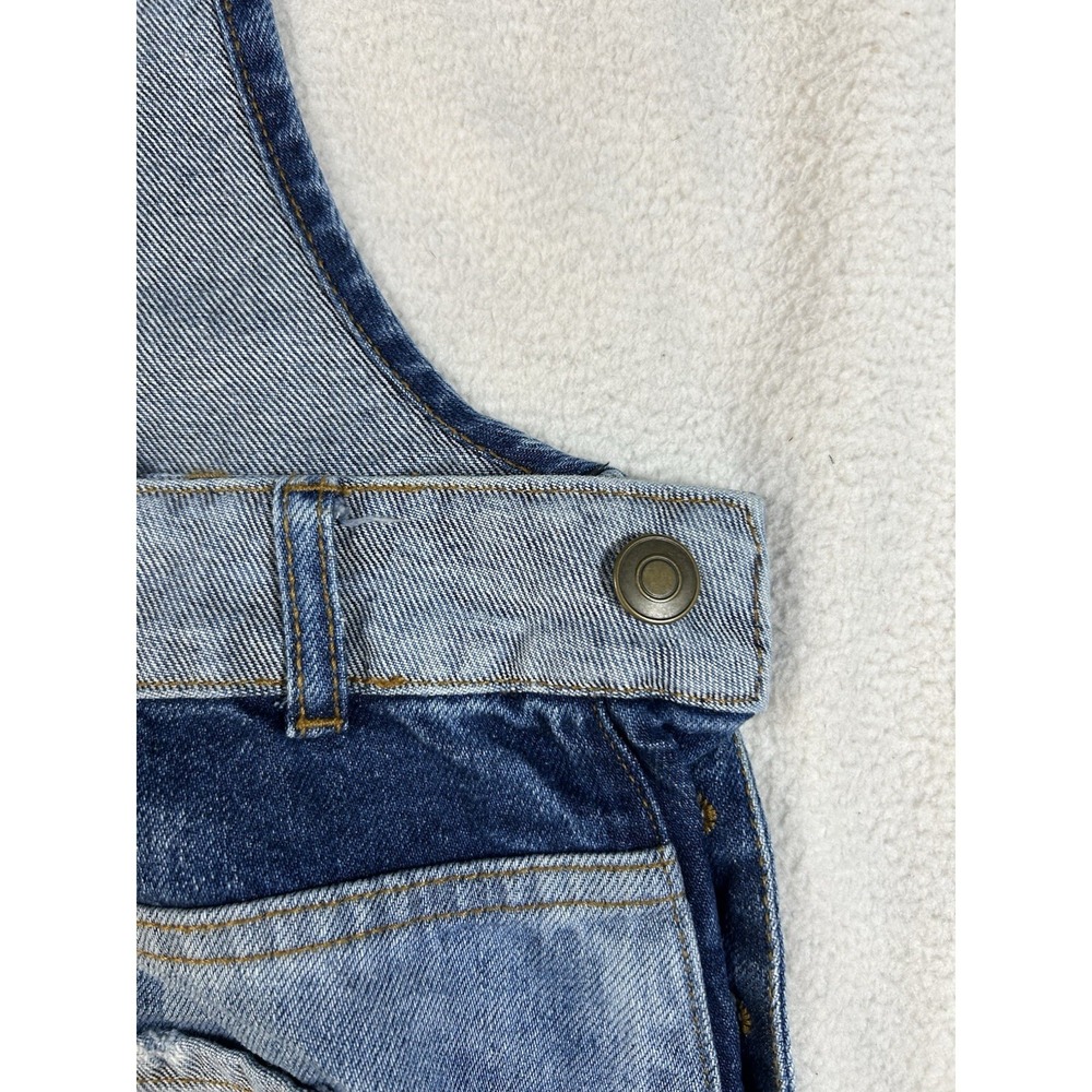 Free People Patchwork Denim Overalls Dress Mini Frayed Hem Blue Western Size 12 - Picture 7 of 7